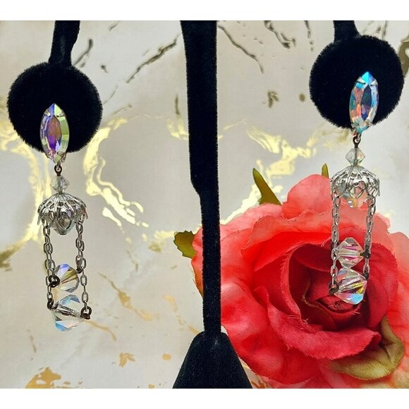 Vintage Lewis Segal AB Crystal Dangle Drop Clip On Earrings Silver Tone Formal - Picture 4 of 11